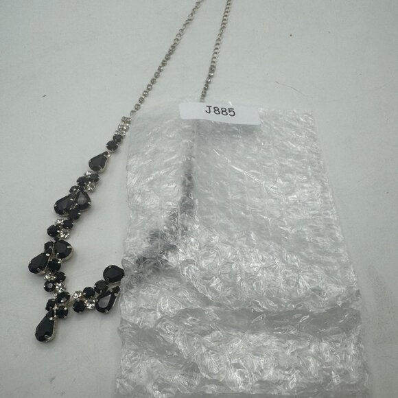 Black Rhinestone Statement Necklace Lobster Clasp Stylish Teardrop Design - Picture 5 of 5